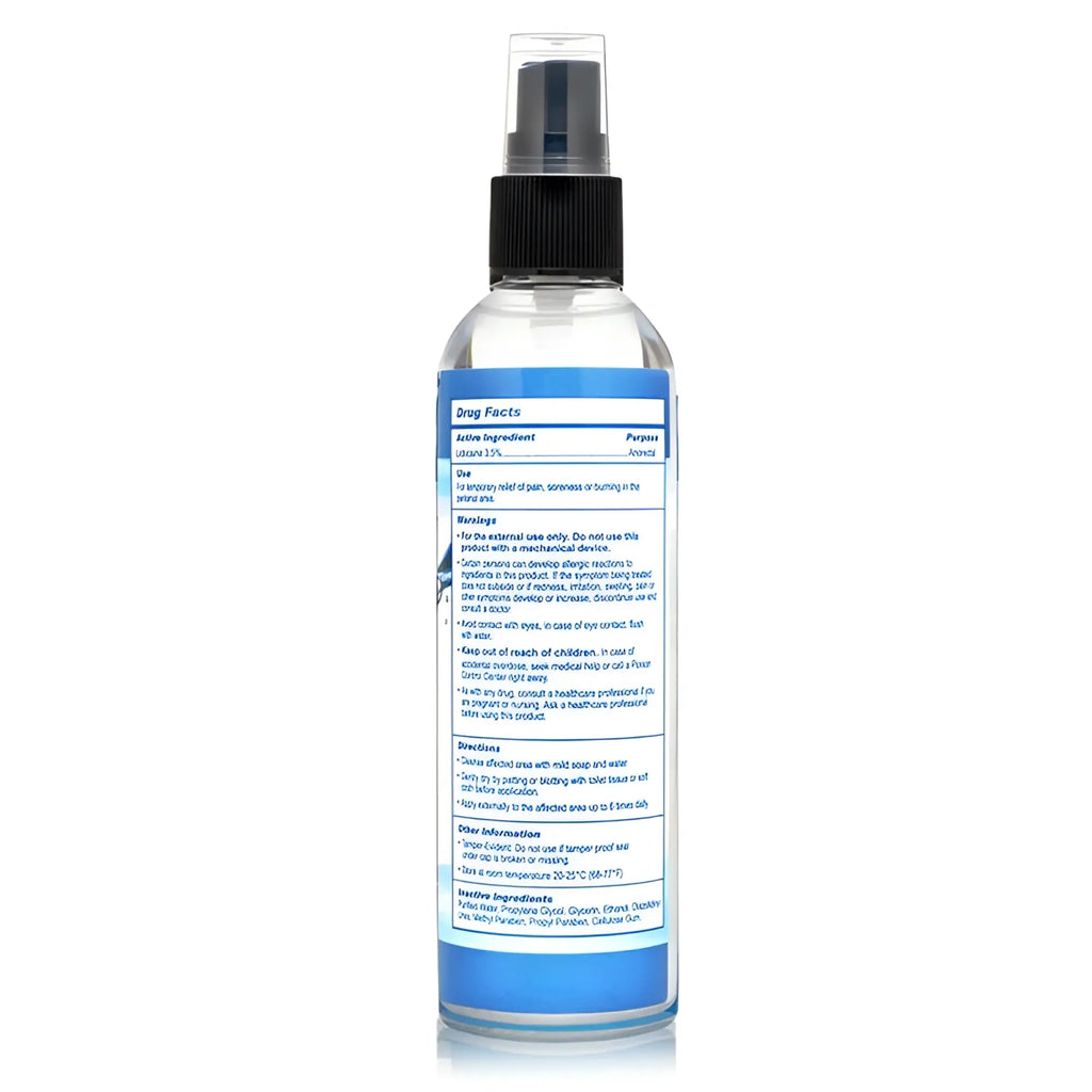 Clear plastic spray bottle with black nozzle and blue label showing drug facts for cleanstream relax anal lube desensitizing gel