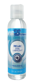 Clear plastic bottle of cleanstream relax desensitizing anal lubricant 4oz with blue and white label and bold text