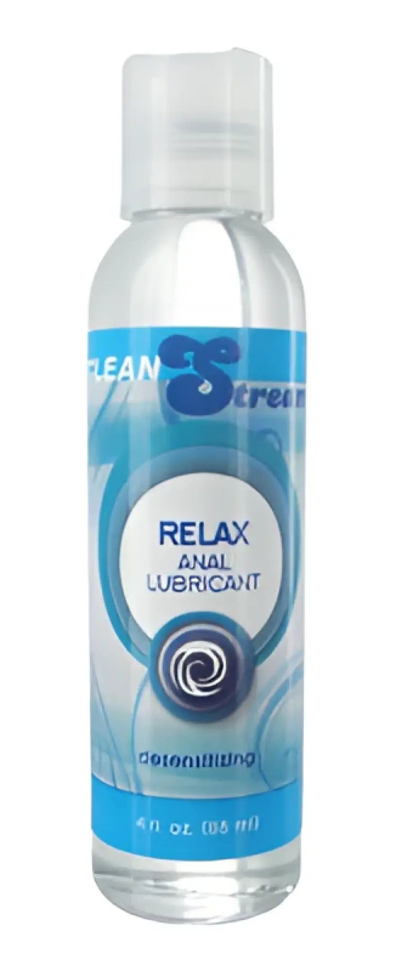 Clear plastic bottle of cleanstream relax desensitizing anal lubricant 4oz with blue and white label and bold text