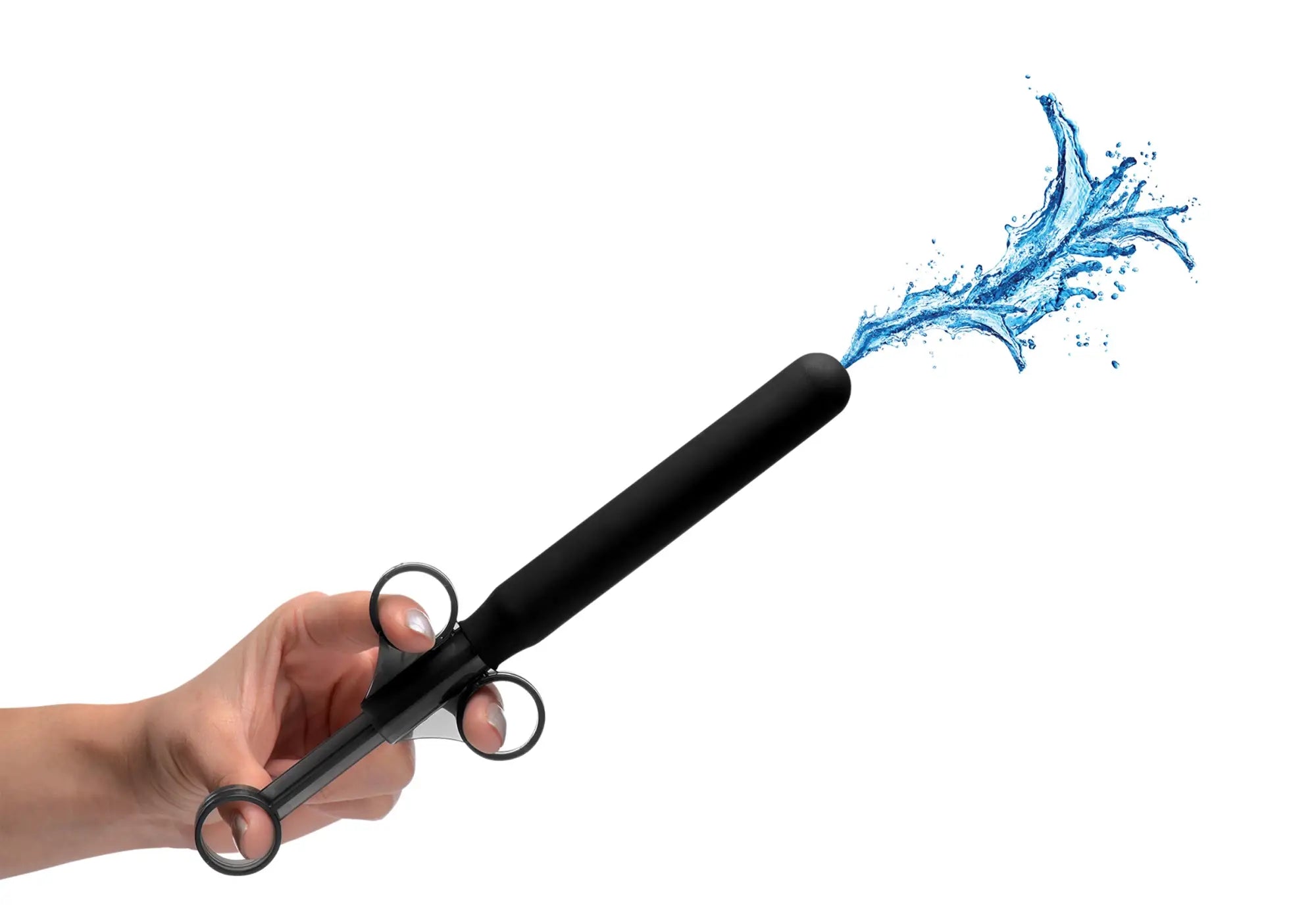 Black handheld water sprayer with circular metal grip rings emitting dynamic blue splash for CleanStream silicone lubricant launcher
