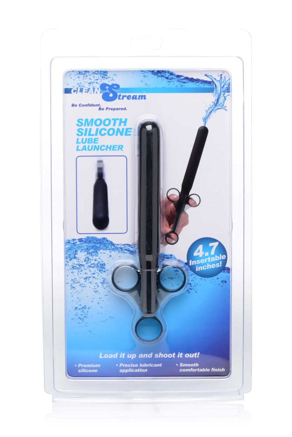 Cleanstream smooth silicone lubricant launcher in black silicone with sleek cylindrical design and three circular base openings