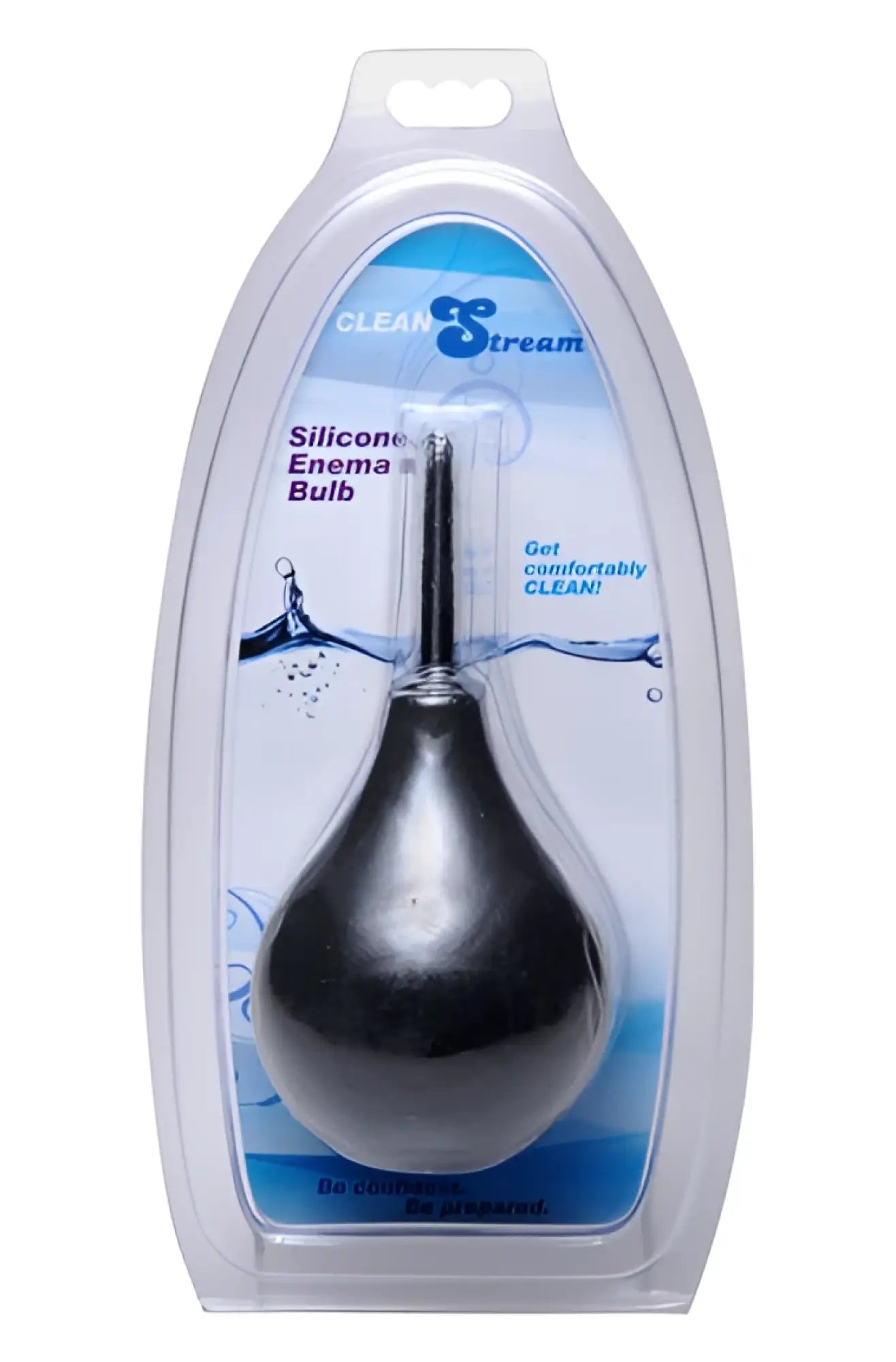 Cleanstream thin tip black silicone enema bulb in clear plastic packaging for gentle personal cleansing