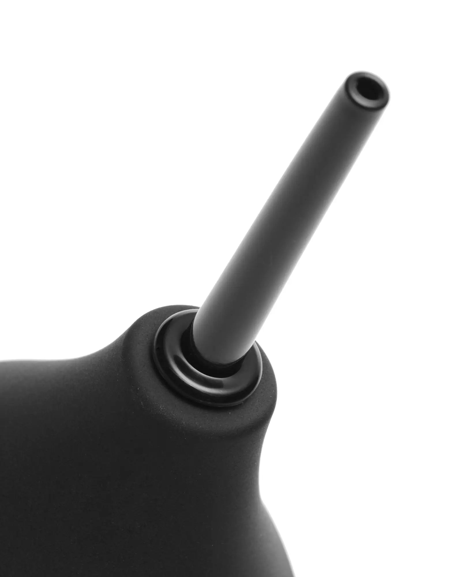 Cleanstream thin tip silicone enema bulb in black rubber with a smooth matte finish and slender nozzle for easy use