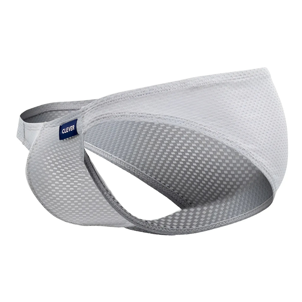 Light gray mesh fabric visor with subtle checkered pattern and adjustable strap featuring clever brand label back side