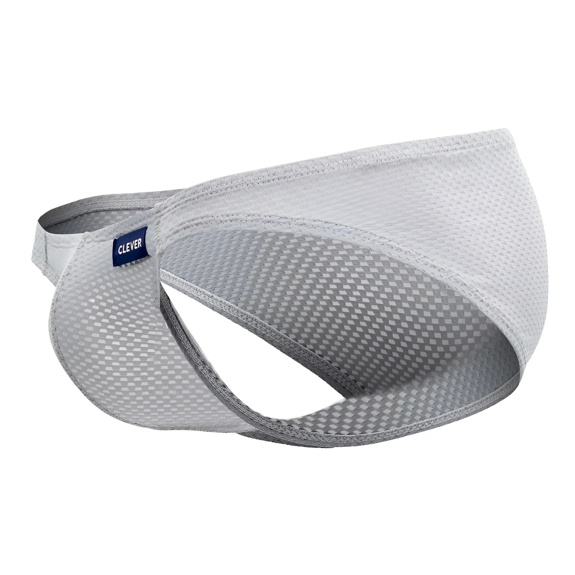 Light gray mesh fabric visor with subtle checkered pattern and adjustable strap featuring clever brand label back side