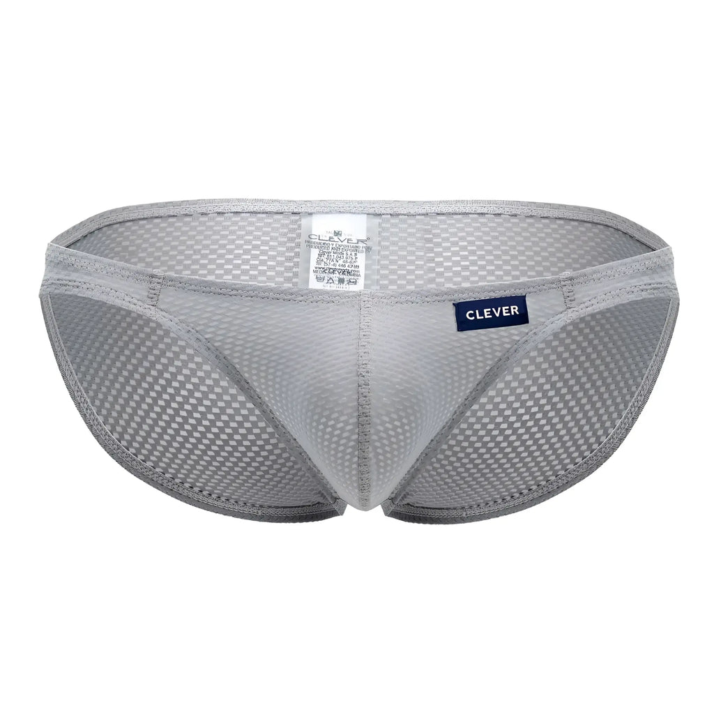 Gray mesh briefs with subtle checkered pattern and navy blue clever brand label clever 0535-1 kroma bikini color gray