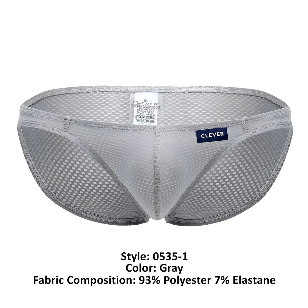 Gray clever 0535-1 kroma bikini briefs with subtle checkered mesh pattern and navy blue clever brand label