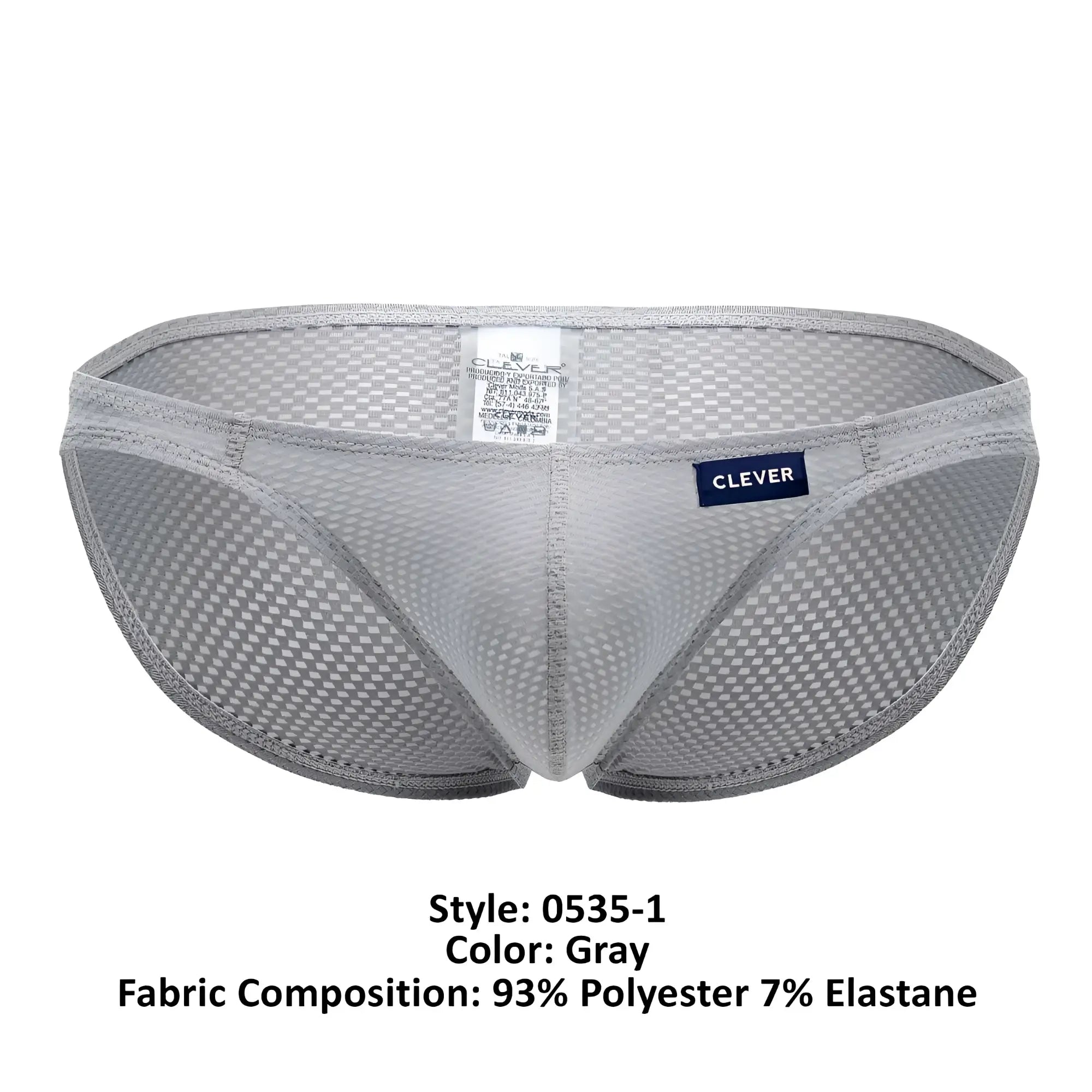 Gray clever 0535-1 kroma bikini briefs with subtle checkered mesh pattern and navy blue clever brand label