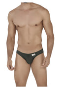 Dark green textured clever 0535-1 kroma bikini briefs with white brand label on the waistband