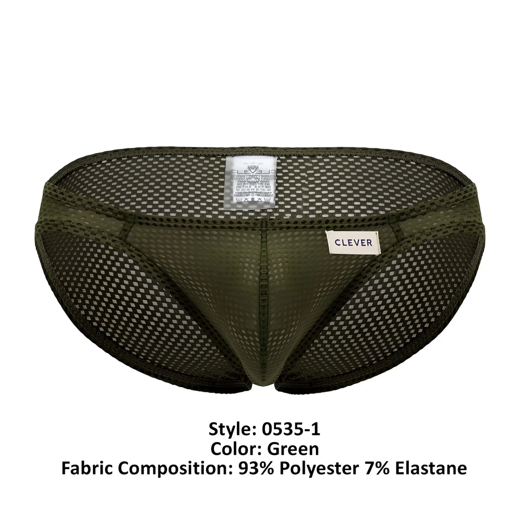 Olive green mesh briefs by clever with brand label and 93% polyester 7% elastane in kroma bikini style