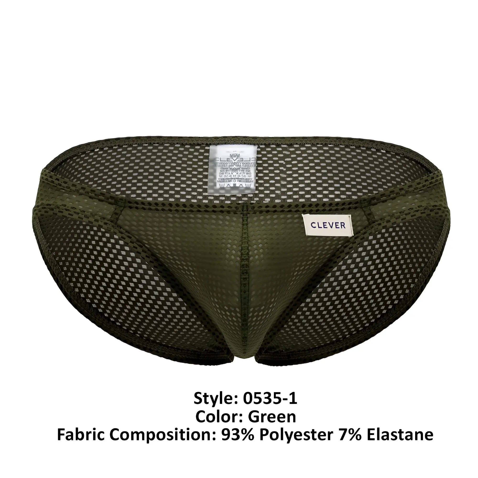 Olive green mesh briefs by clever with brand label and 93% polyester 7% elastane in kroma bikini style