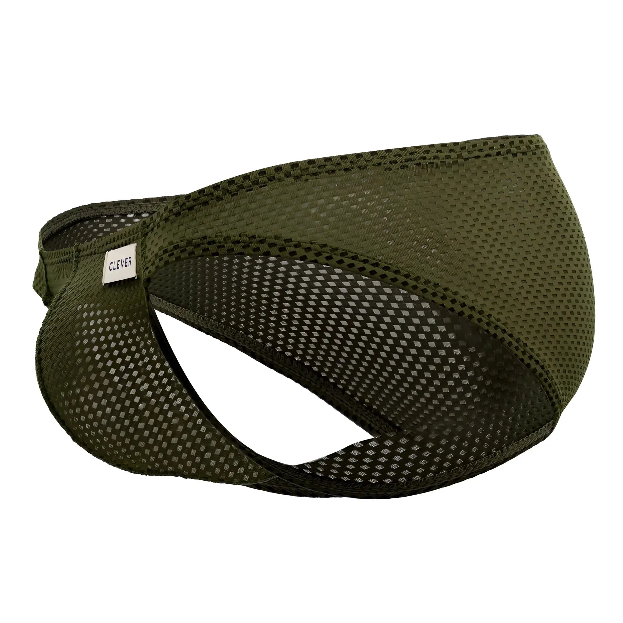 Olive green mesh men’s underwear with branded tag clever 0535-1 kroma bikini color green front view