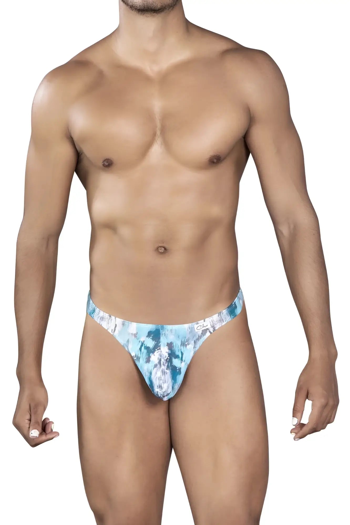 Clever 0932 art thongs gray men’s thong with blue and white tropical leaf pattern in breathable fabric