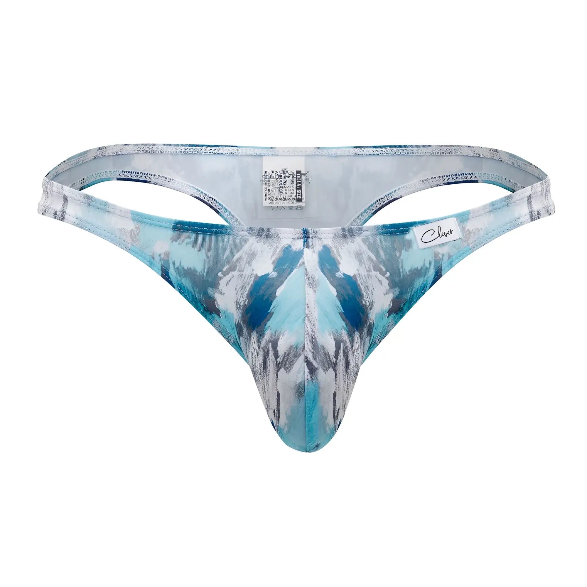 Clever 0932 Art thong in gray with vibrant blue and white abstract mountain pattern and sleek form-fitting design