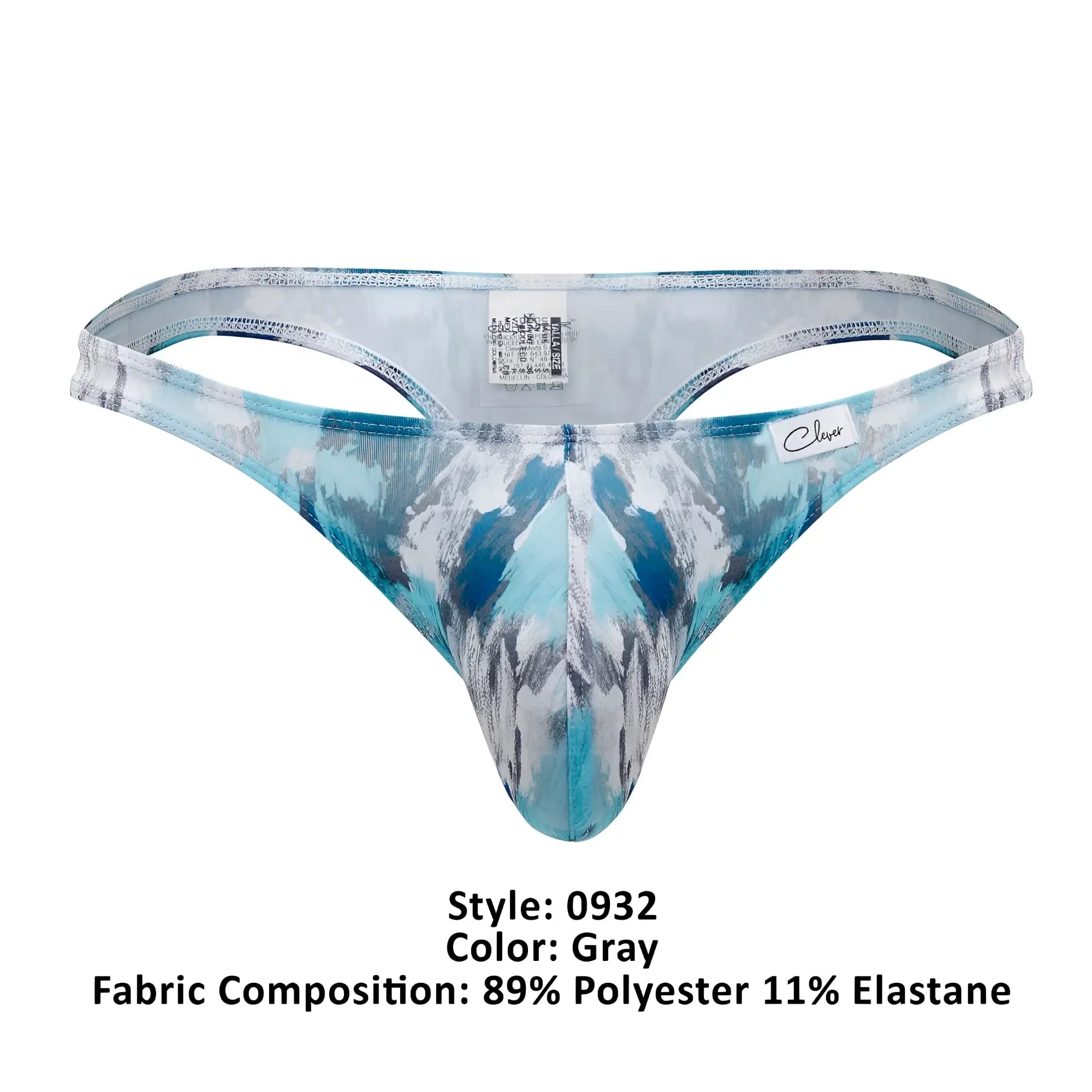 Gray patterned thong with blue and white abstract design made from 89 polyester and 11 elastane by clever