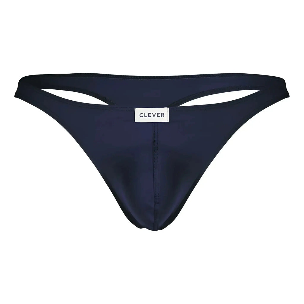 Navy blue clever brand thong with smooth satin fabric and cutout waistband detail from clever.