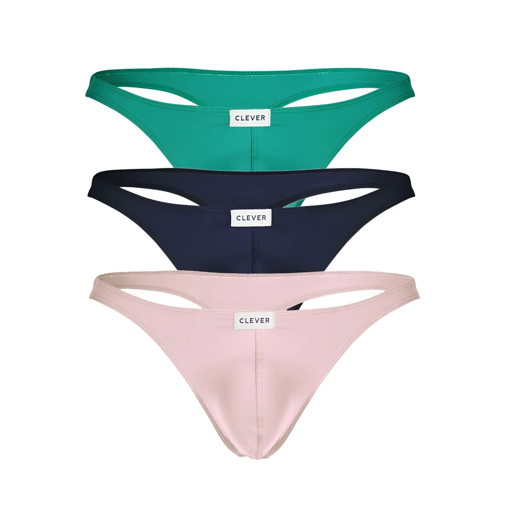 Set of three sleek minimalist thong underwear by clever in teal navy blue and blush pink for everyday comfort