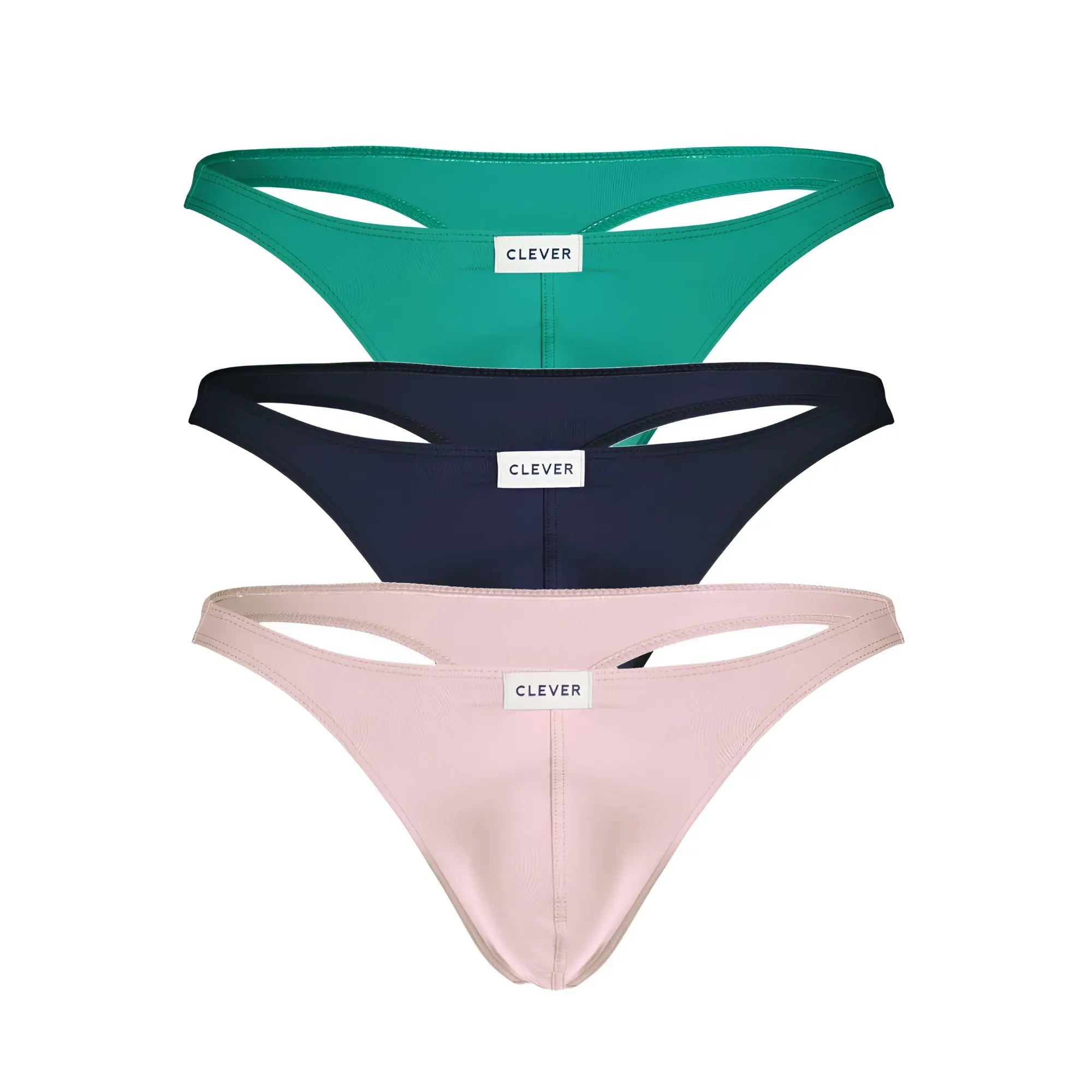 Set of three sleek minimalist thong underwear by clever in teal navy blue and blush pink for everyday comfort