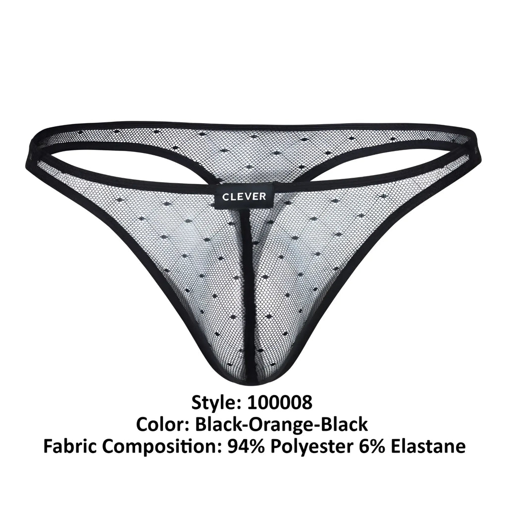 Black mesh thong with subtle orange dot pattern black trim and clever brand label from clever 100008 3PK Australian Latin thongs