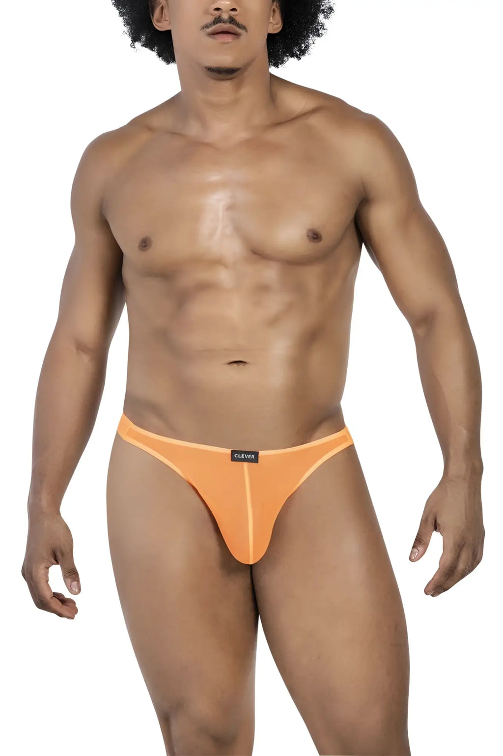 Orange sheer fabric briefs with a black brand tag on the waistband from clever 100008 australian latin thongs pack