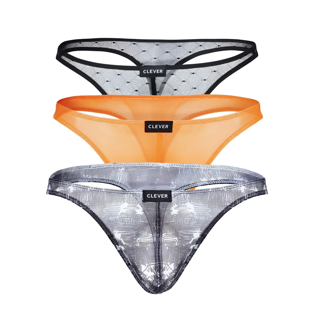 Three clever 100008 australian latin thongs in black orange and black sheer mesh with black trim and distinct patterns