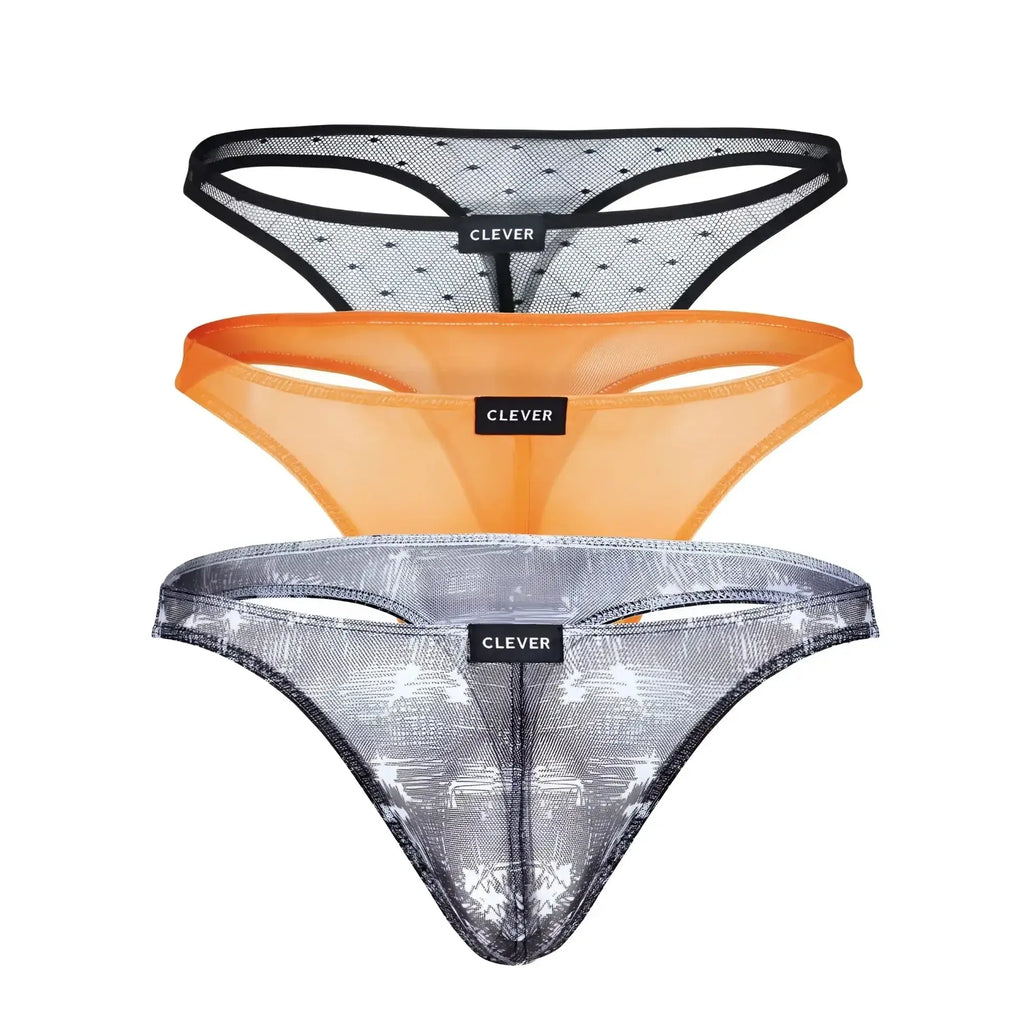 Three clever 100008 australian latin thongs in black orange and black sheer mesh with black trim and distinct patterns
