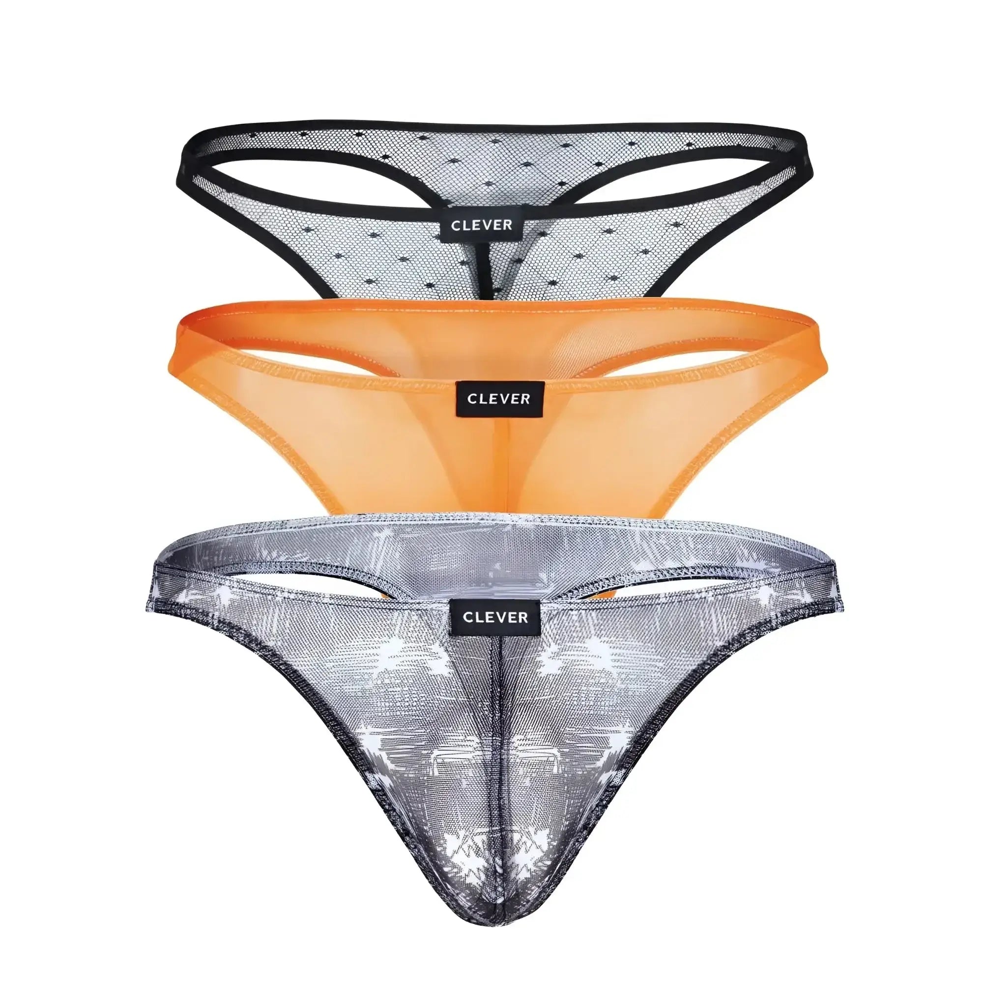 Three clever 100008 australian latin thongs in black orange and black sheer mesh with black trim and distinct patterns