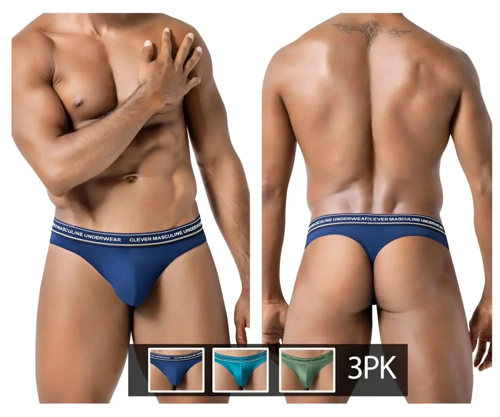 Navy blue cotton briefs with white elastic waistband branded clever masculine underwear.