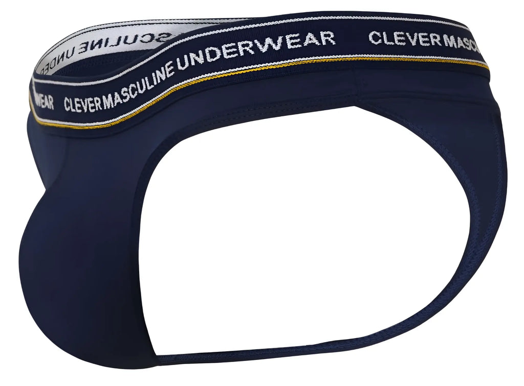 Navy blue men’s briefs with a white and gold elastic waistband featuring clever masculine underwear text from clever 100010 3pk Australian Latin thongs