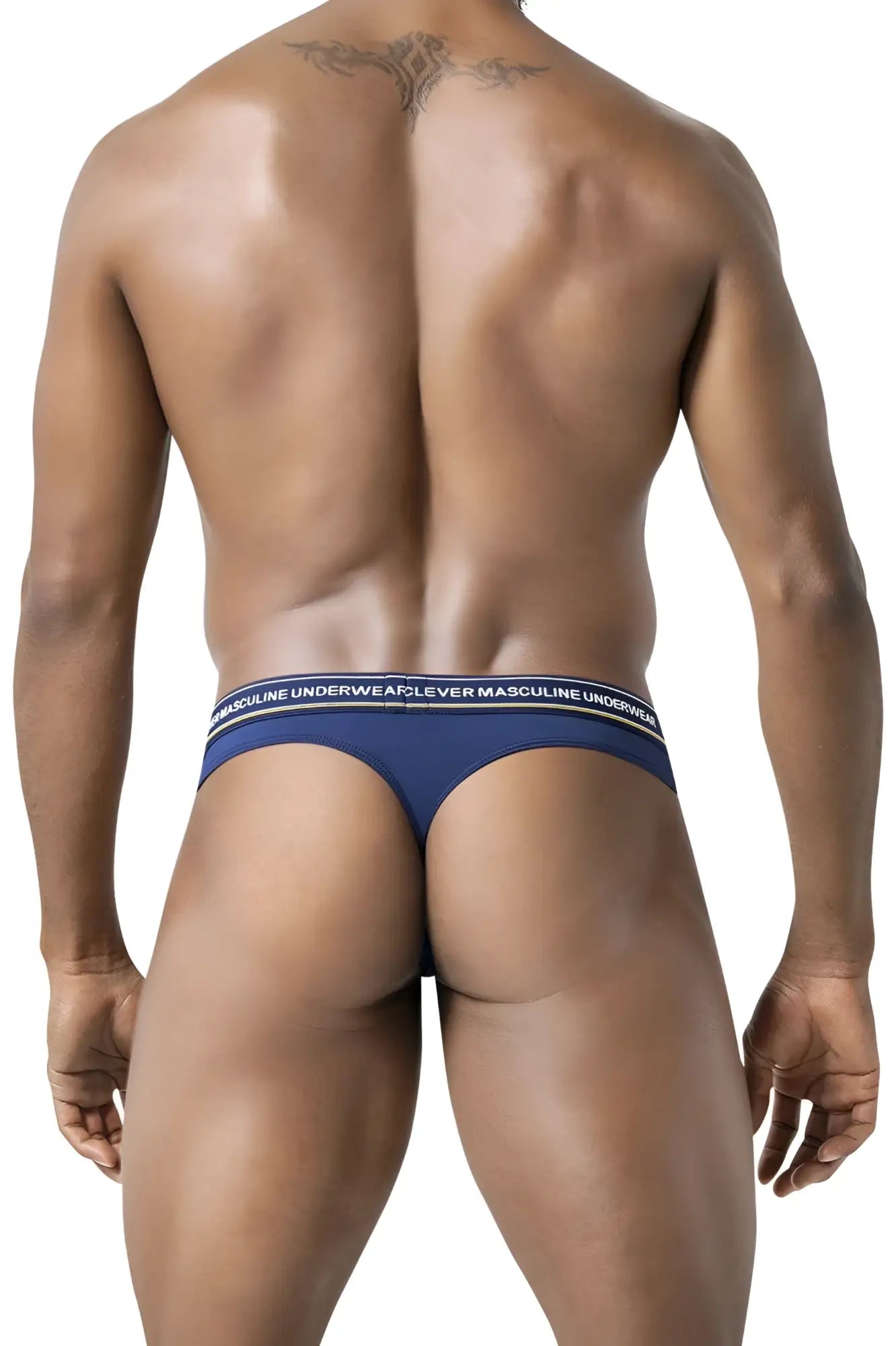 Navy blue clever 100010 men’s briefs with white elastic waistband featuring black text in australian latin thongs design