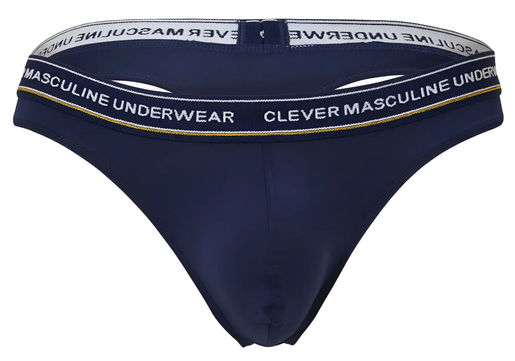 Navy blue men’s briefs with a white and gold Clever masculine underwear waistband from Clever 100010 3PK Latin thongs set