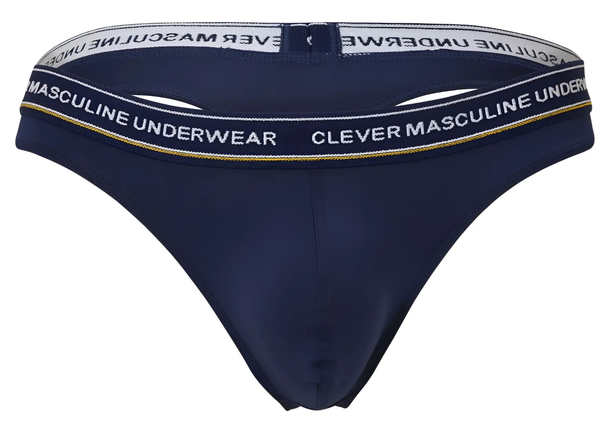 Navy blue men’s briefs with a white and gold Clever masculine underwear waistband from Clever 100010 3PK Latin thongs set