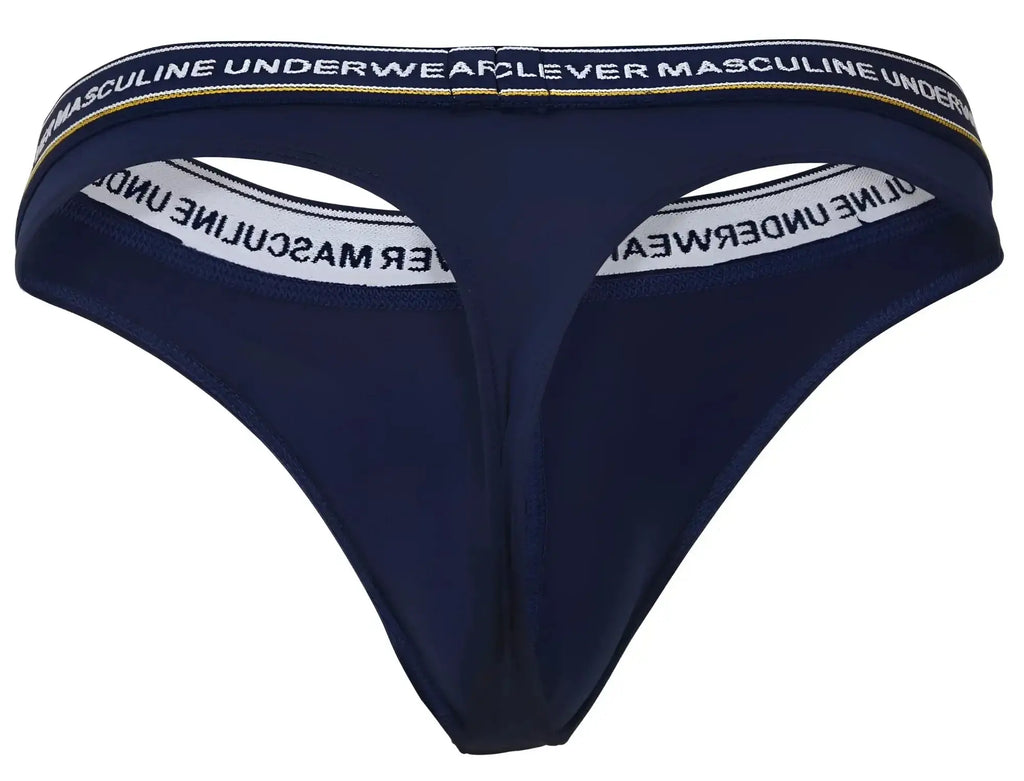 Navy blue clever latin thong with white and gold trim and masculine underwear text on waistband, front view