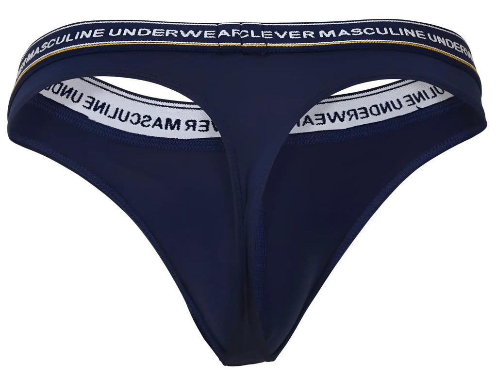 Navy blue clever latin thong with white and gold trim and masculine underwear text on waistband, front view