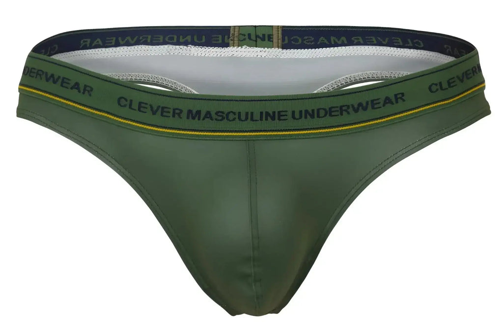Olive green leather-like thong with black elastic waistband yellow trim and clever masculine underwear branding