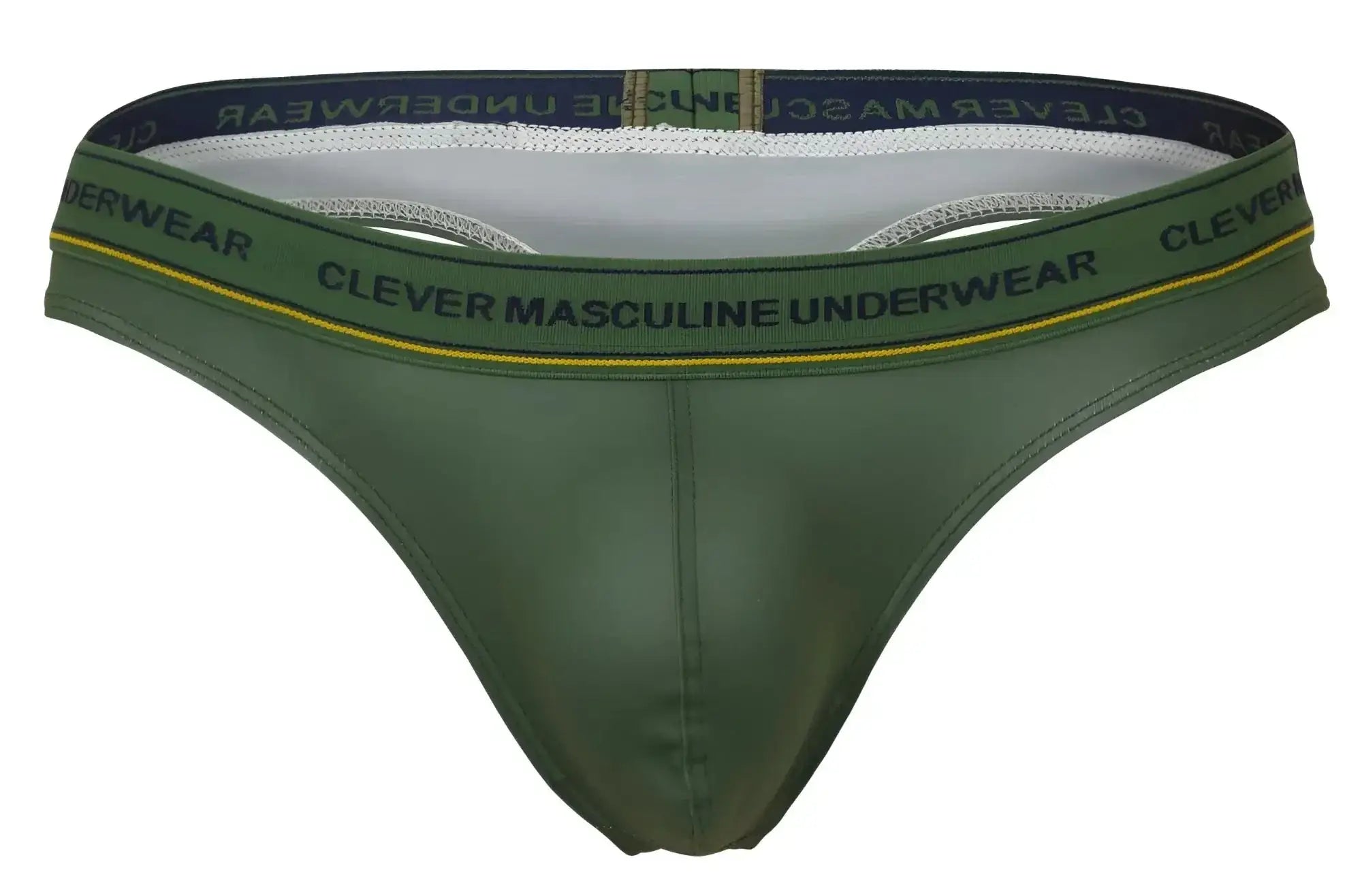 Olive green leather-like thong with black elastic waistband yellow trim and clever masculine underwear branding