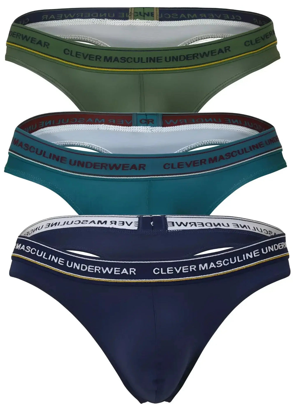 Set of three clever 100010 australian latin thongs in olive green teal and navy blue with branded elastic waistbands