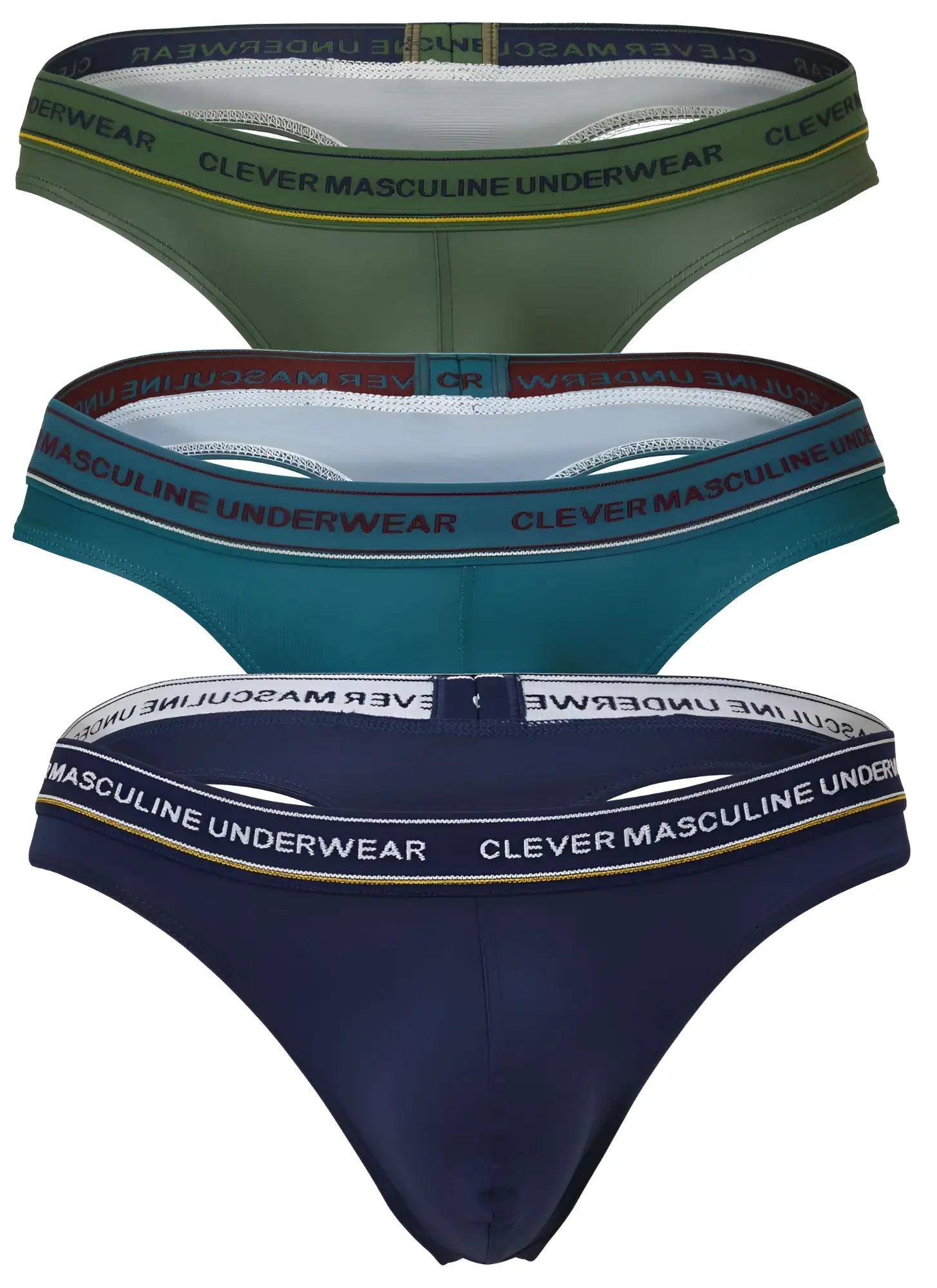 Set of three clever 100010 australian latin thongs in olive green teal and navy blue with branded elastic waistbands
