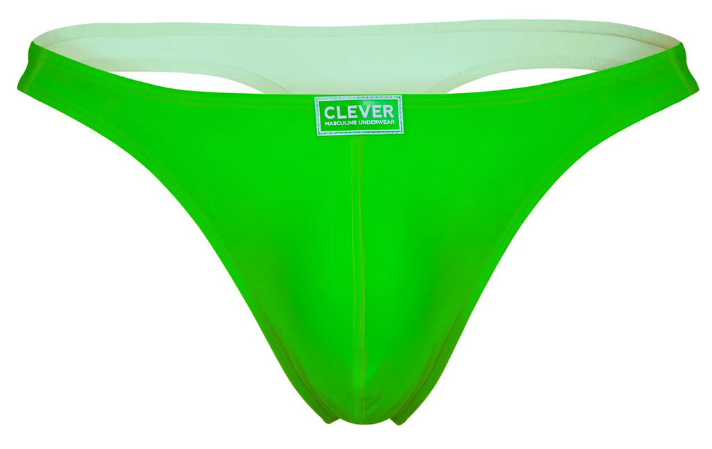 Bright green form-fitting thong underwear with white lining and clever brand label from Clever 10009 7PK Pride Thongs