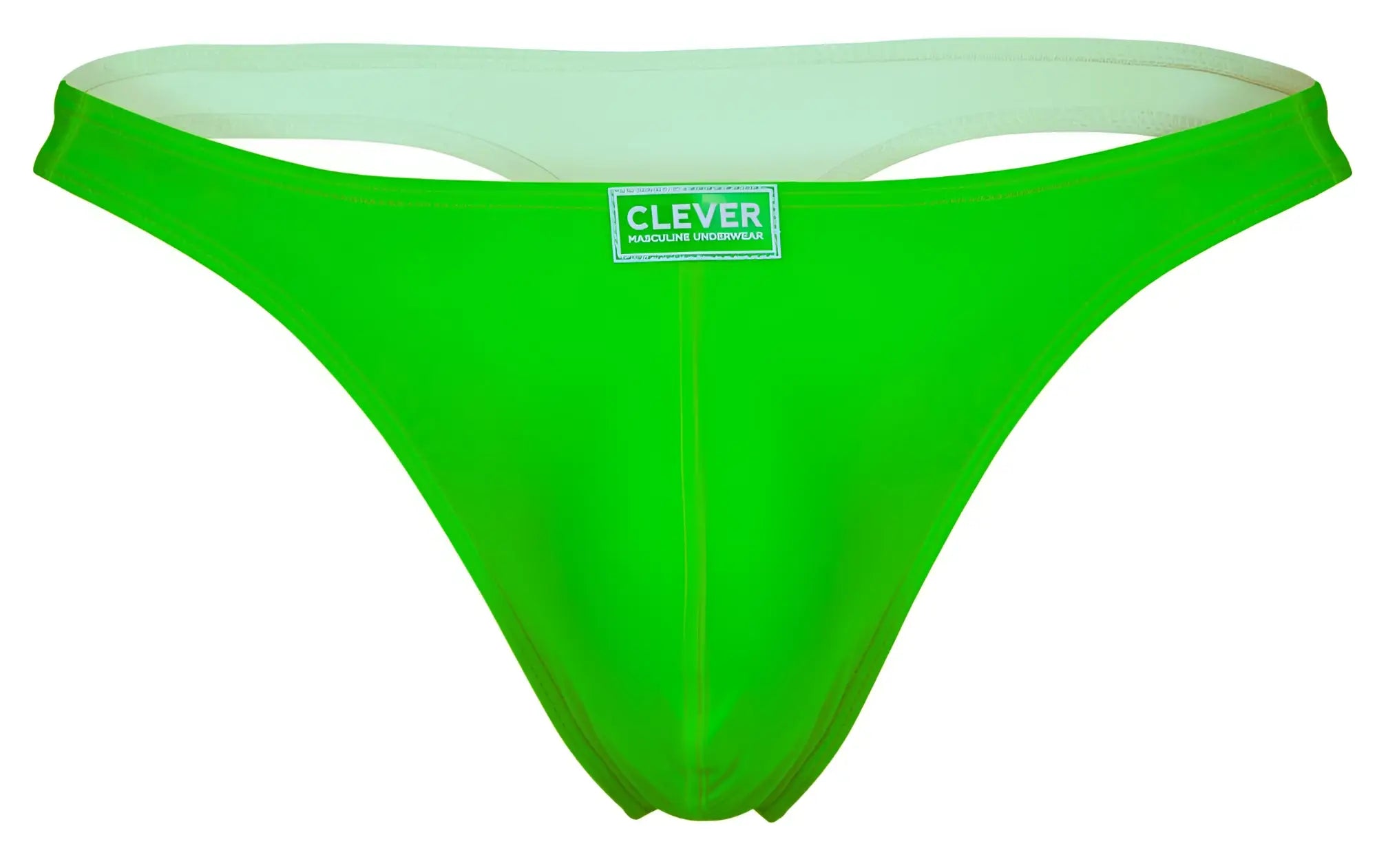 Bright green form-fitting thong underwear with white lining and clever brand label from Clever 10009 7PK Pride Thongs