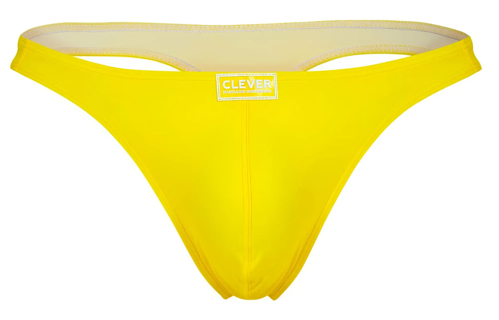 Bright yellow smooth textured thong with beige lining and clever brand label from clever 10009 7PK pride thongs multicolored