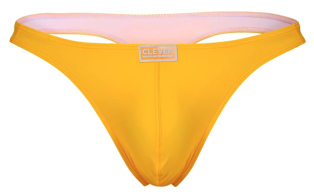 Bright yellow clever 10009 pride thong with soft pink lining and small rectangular brand label on front in multi-colored pack