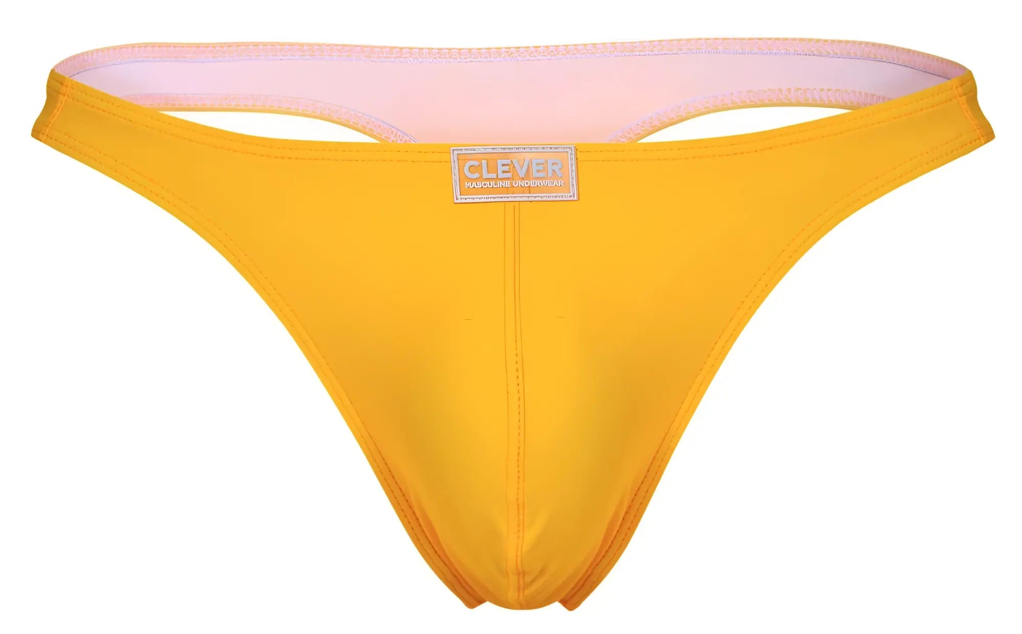Bright yellow clever 10009 pride thong with soft pink lining and small rectangular brand label on front in multi-colored pack