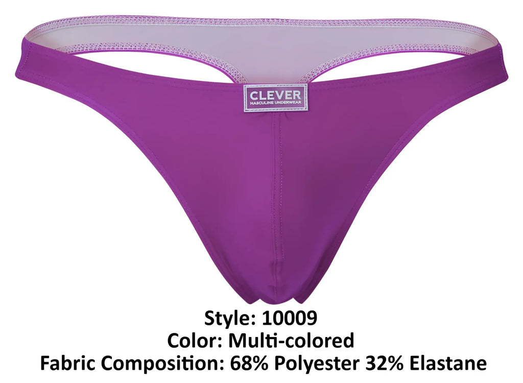 Purple multi-colored clever 10009 7PK pride thong with white inner lining and clever brand label visible from the back