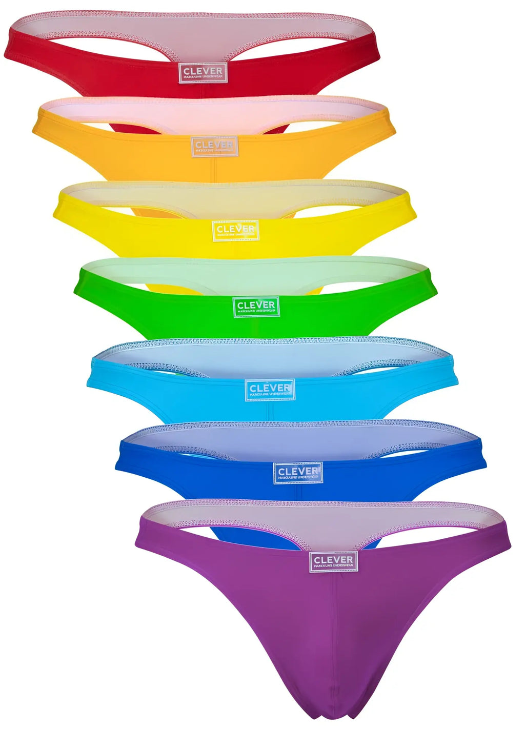 Clever 10009 7pk pride thongs in rainbow colors made of smooth stretchy fabric for comfortable everyday wear