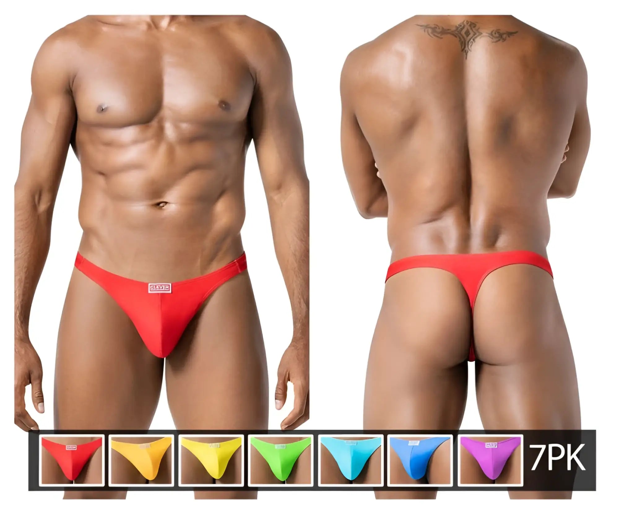 Red form-fitting thong with small rectangular logo front from clever 10009 7pk pride thongs multi-colored set