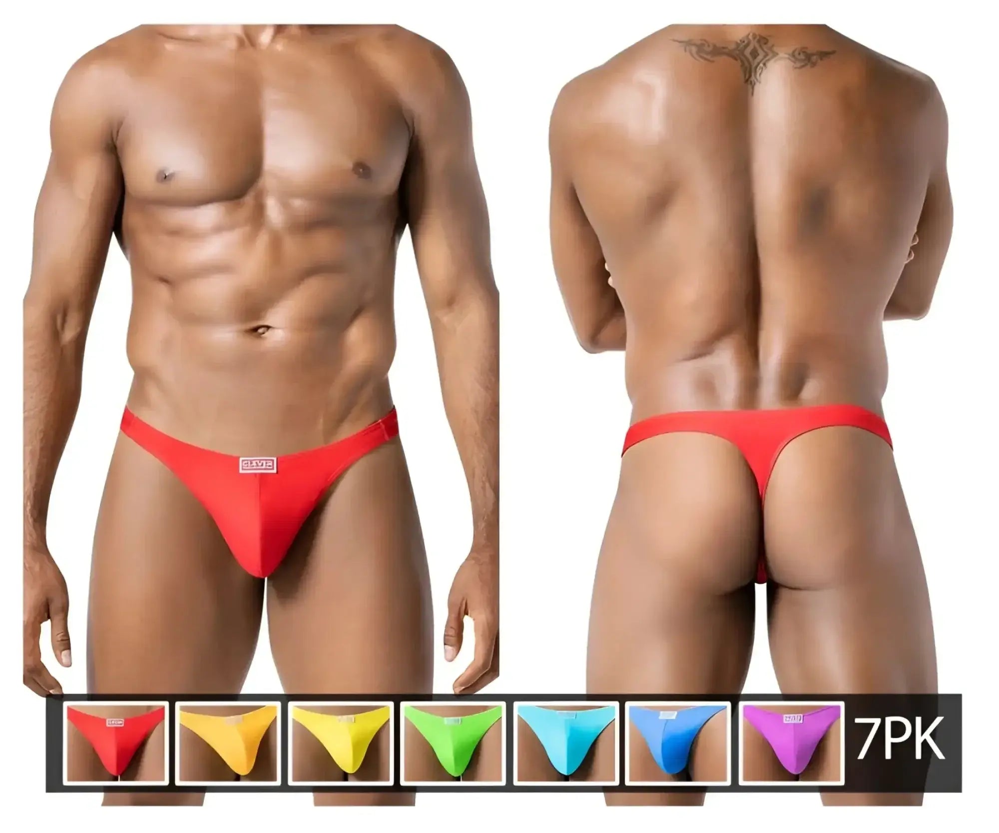 Red form-fitting thong with small rectangular logo front from clever 10009 7pk pride thongs multi-colored set