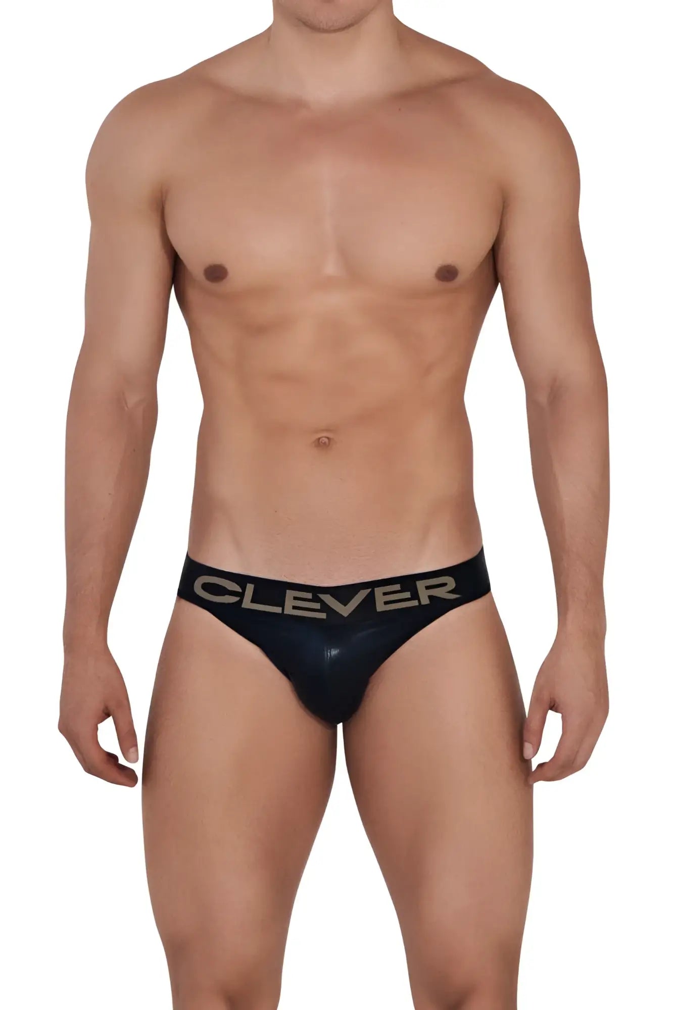 Black patent leather briefs with a glossy finish and clever printed in gold on the waistband from clever 1410 earth thongs