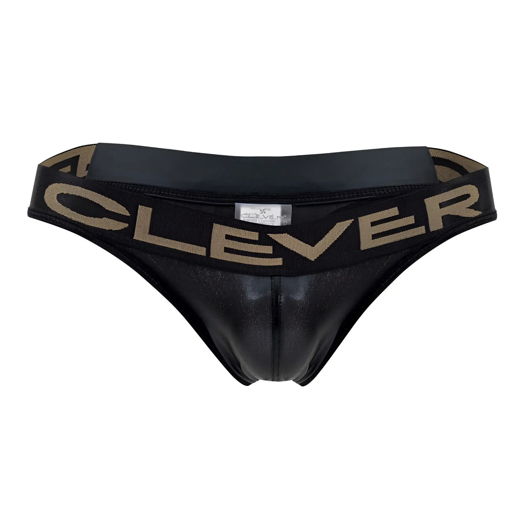 Black shiny leather-like briefs with a tan clever logo band from clever 1410 earth thongs in color black
