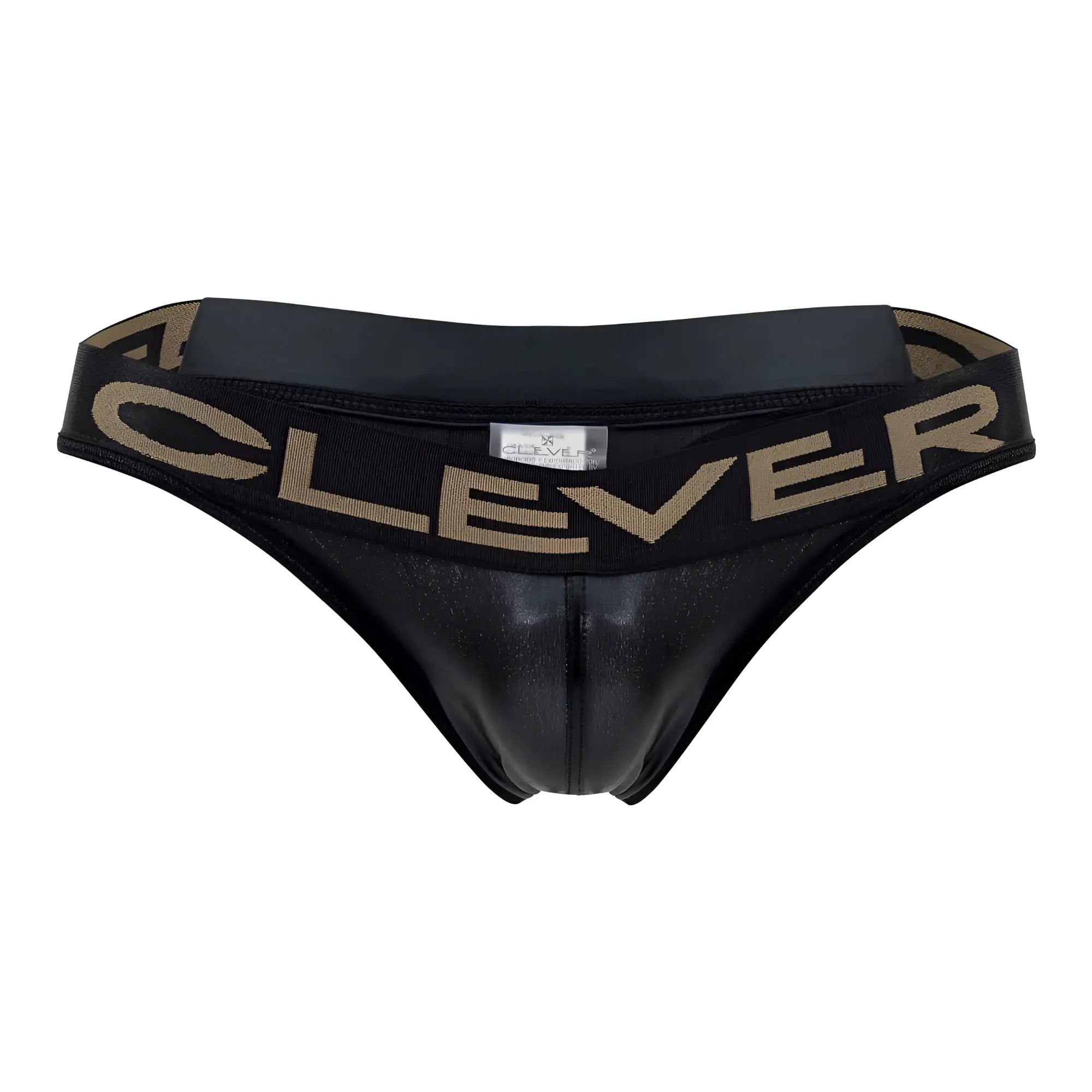Black shiny leather-like briefs with a tan clever logo band from clever 1410 earth thongs in color black